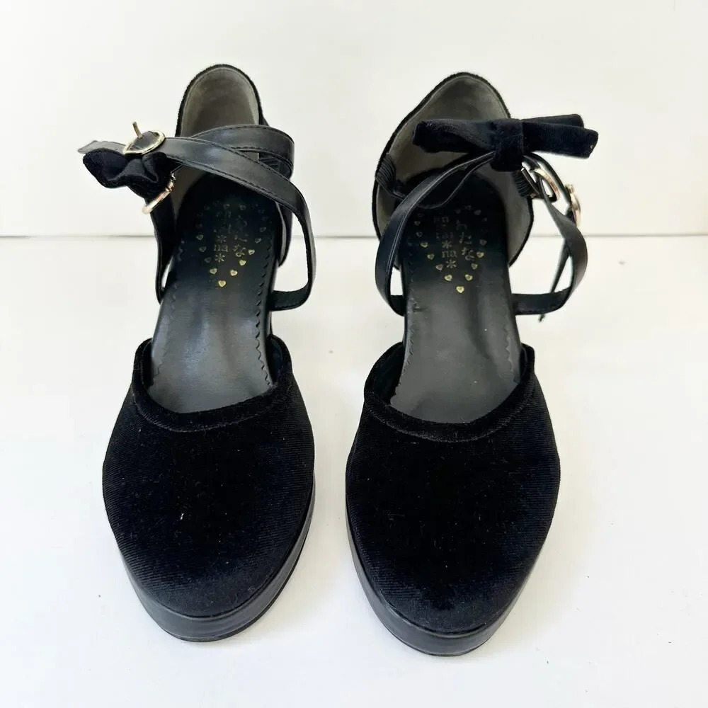 ANTAINA Lolita Black Velvet Side Bow Kitten Heels Coquette Demure